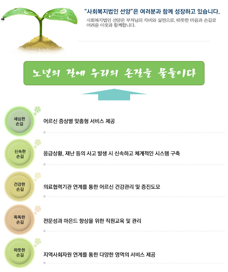 사회복지선양은 여러분과 함께 성장하고 있습니다. 행복한 마음, 나눔의실천,변화하는삶,윤리적 책임감 준수